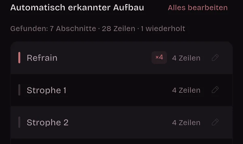 Automatisch erkannter Aufbau: 7 Abschnitte, 28 Zeilen, 1 wiederholt. Refrain, viermal, 4 Zeilen; Strophe 1, 4 Zeilen; Strophe 2, 4 Zeilen.
