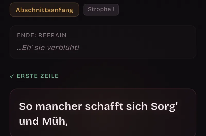 Karte für den Abschnittsanfang, Strophe 1: das Ende des Refrains und die erste Zeile, „So mancher schafft sich Sorg’ und Müh,“.
