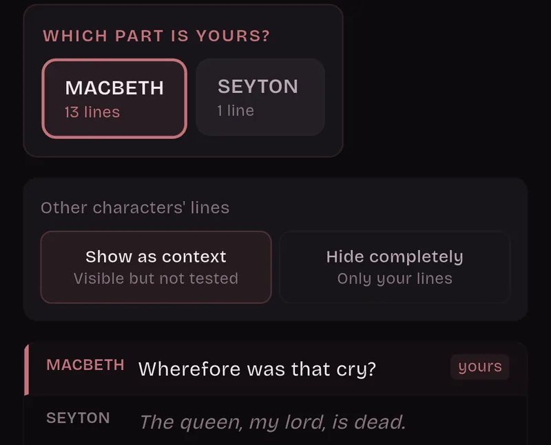 Which part is yours? Macbeth, 13 lines, is selected and Seyton, 1 line, is not. Other characters' lines: Show as context. Macbeth's line is tagged yours and Seyton's is dimmed.