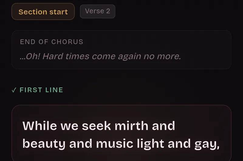 Section start card, Verse 2: the end of the chorus, then the first line, 'While we seek mirth and beauty and music light and gay,'.