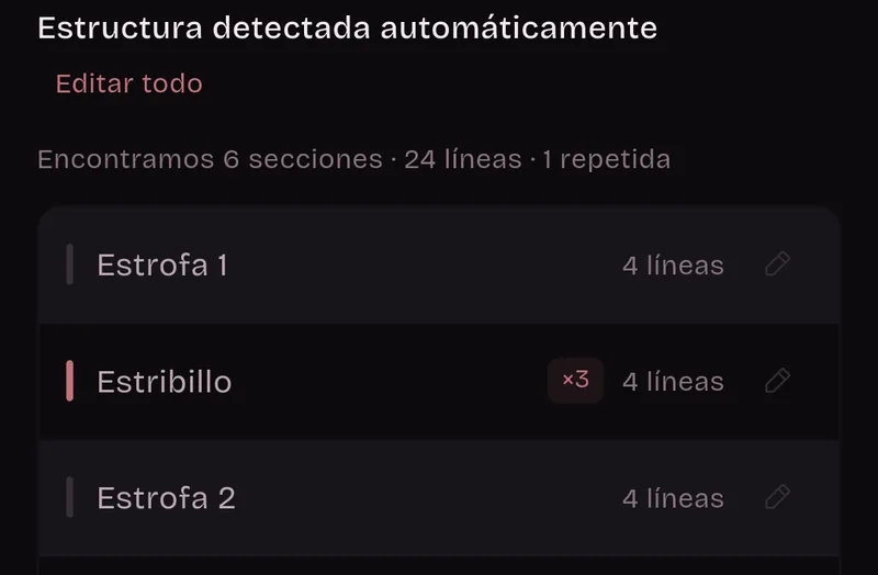 Estructura detectada automáticamente: 6 secciones, 24 líneas, 1 repetida. Estrofa 1, 4 líneas; Estribillo, por tres, 4 líneas; Estrofa 2, 4 líneas.