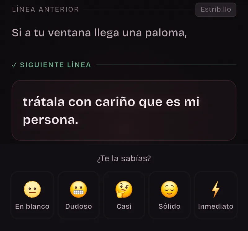 La tarjeta de práctica después de tocar, en el estribillo: la línea anterior y la siguiente ya revelada, 'trátala con cariño que es mi persona.'. Debajo, ¿Te la sabías? y cinco caras para calificar: En blanco, Dudoso, Casi, Sólido e Inmediato.