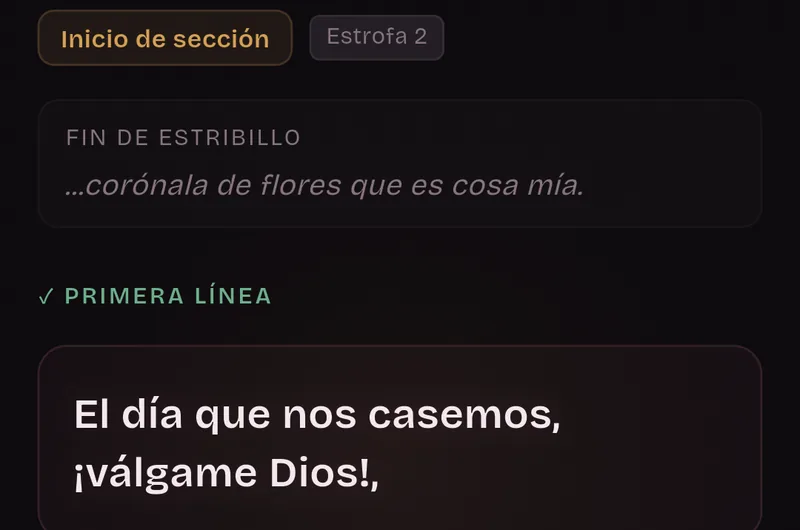 Tarjeta de inicio de sección, Estrofa 2: el final del estribillo y la primera línea, 'El día que nos casemos, ¡válgame Dios!,'.