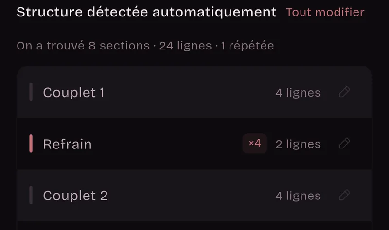 Structure détectée automatiquement : 8 sections, 24 lignes, 1 répétée. Couplet 1, 4 lignes ; Refrain, quatre fois, 2 lignes ; Couplet 2, 4 lignes.