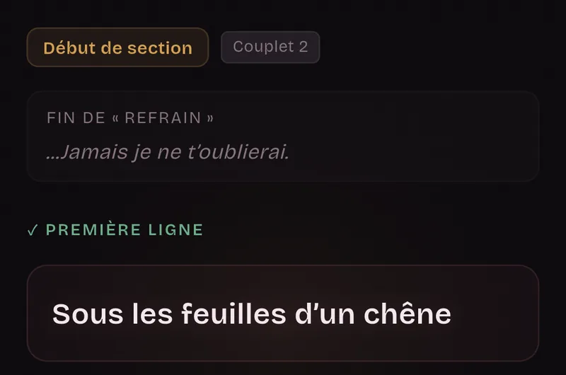 Carte de début de section, Couplet 2 : la fin du refrain, puis la première ligne, « Sous les feuilles d’un chêne ».