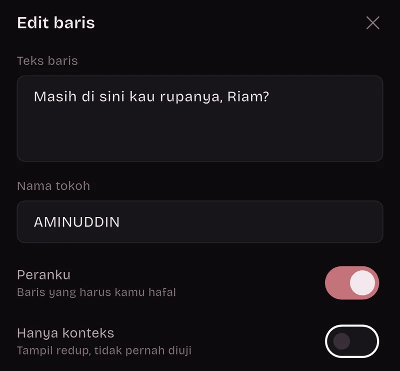 Lembar Edit baris: teks baris “Masih di sini kau rupanya, Riam?”, nama tokoh AMINUDDIN, Peranku aktif, Hanya konteks nonaktif.