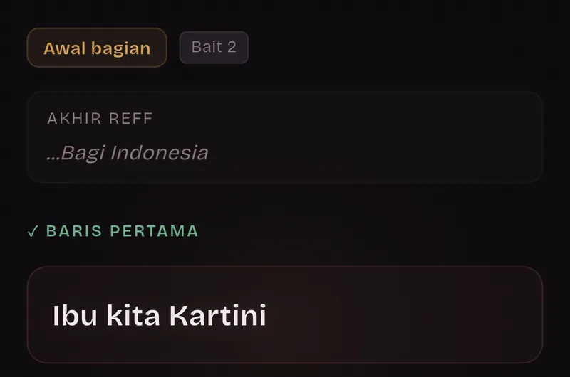 Kartu awal bagian, Bait 2: akhir reff, lalu baris pertama, “Ibu kita Kartini”.
