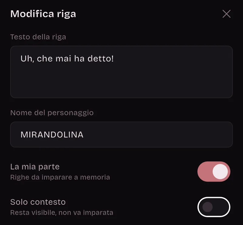 Modifica riga: testo della riga «Uh, che mai ha detto!», nome del personaggio MIRANDOLINA, La mia parte attivo, Solo contesto disattivato.