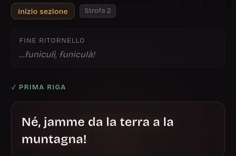 Scheda di inizio sezione, Strofa 2: la fine del ritornello e la prima riga, «Né, jamme da la terra a la muntagna!».