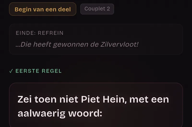 Kaart voor het begin van een deel, Couplet 2: het einde van het refrein en de eerste regel, “Zei toen niet Piet Hein, met een aalwaerig woord:”.