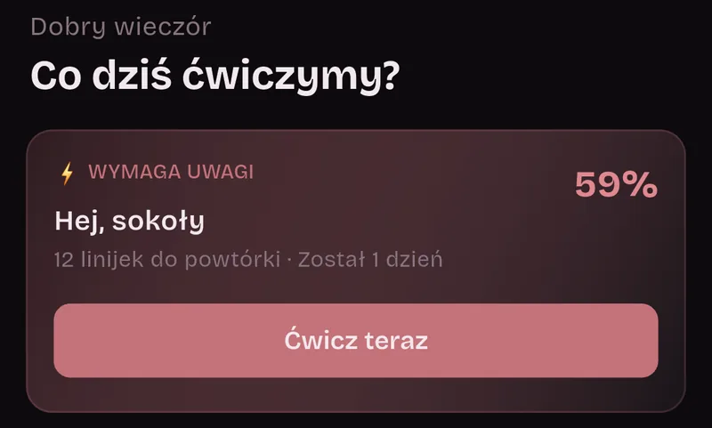 Ekran Start: Dobry wieczór, Co dziś ćwiczymy? Wymaga uwagi: Hej, sokoły, 12 linijek do powtórki, został 1 dzień, 59%, Ćwicz teraz.