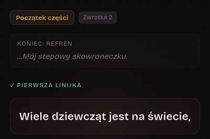 Fiszka początku części, Zwrotka 2: koniec refrenu i pierwsza linijka, „Wiele dziewcząt jest na świecie,”.