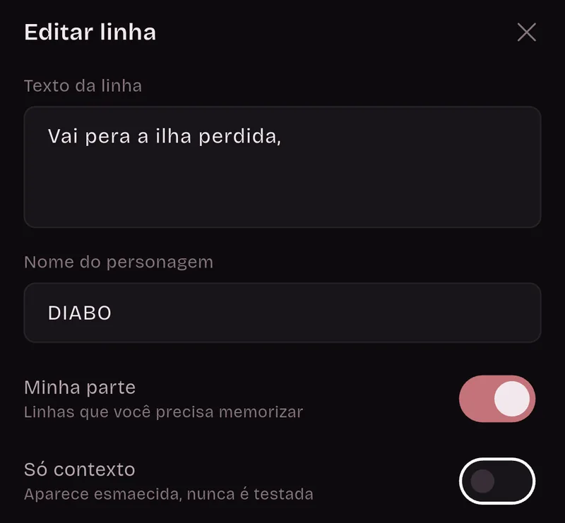 Editar linha: texto da linha “Vai pera a ilha perdida,”, nome do personagem DIABO, Minha parte ligado, Só contexto desligado.