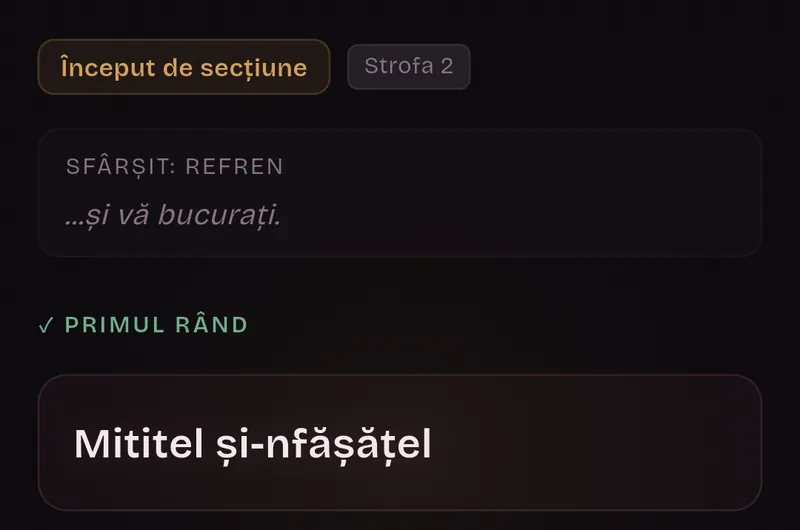Card de început de secțiune, Strofa 2: sfârșitul refrenului și primul rând, „Mititel și-nfășățel”.