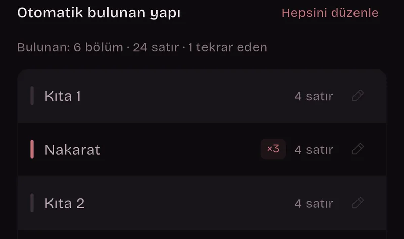 Otomatik bulunan yapı: 6 bölüm, 24 satır, 1 tekrar eden. Kıta 1, 4 satır; Nakarat, üç kez, 4 satır; Kıta 2, 4 satır.