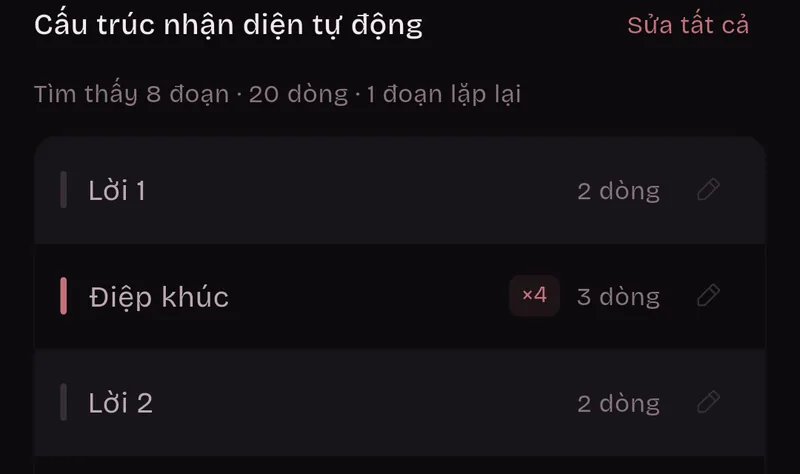 Cấu trúc nhận diện tự động: 8 đoạn, 20 dòng, 1 đoạn lặp lại. Lời 1, 2 dòng; Điệp khúc, bốn lần, 3 dòng; Lời 2, 2 dòng.