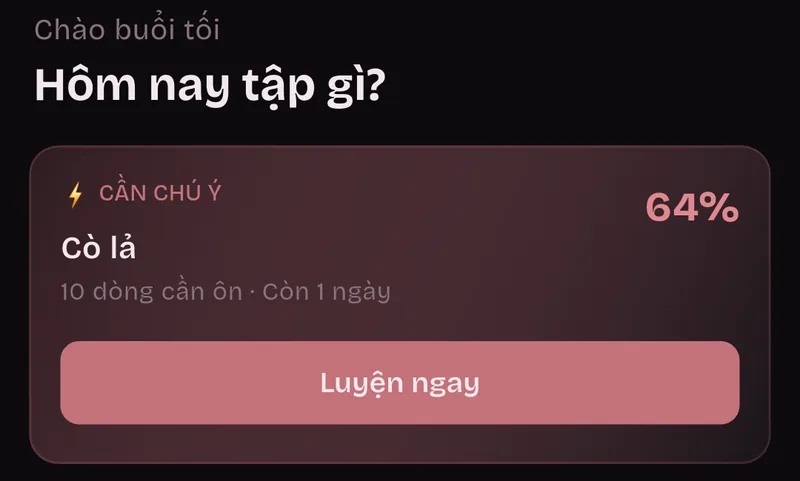 Trang chủ: Chào buổi tối, Hôm nay tập gì? Cần chú ý: Cò lả, 10 dòng cần ôn, còn 1 ngày, 64%, Luyện ngay.