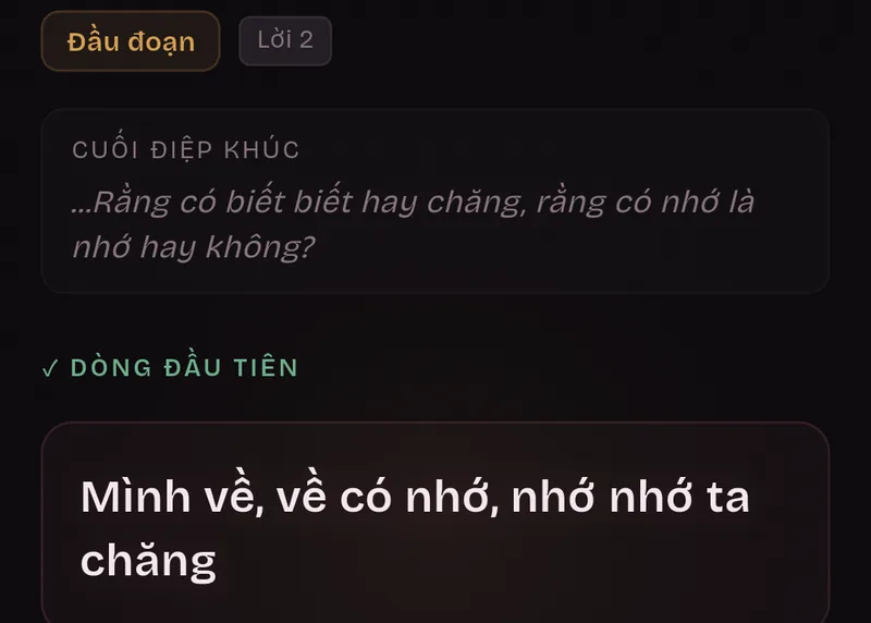 Thẻ đầu đoạn, Lời 2: cuối điệp khúc, rồi dòng đầu tiên, “Mình về, về có nhớ, nhớ nhớ ta chăng”.